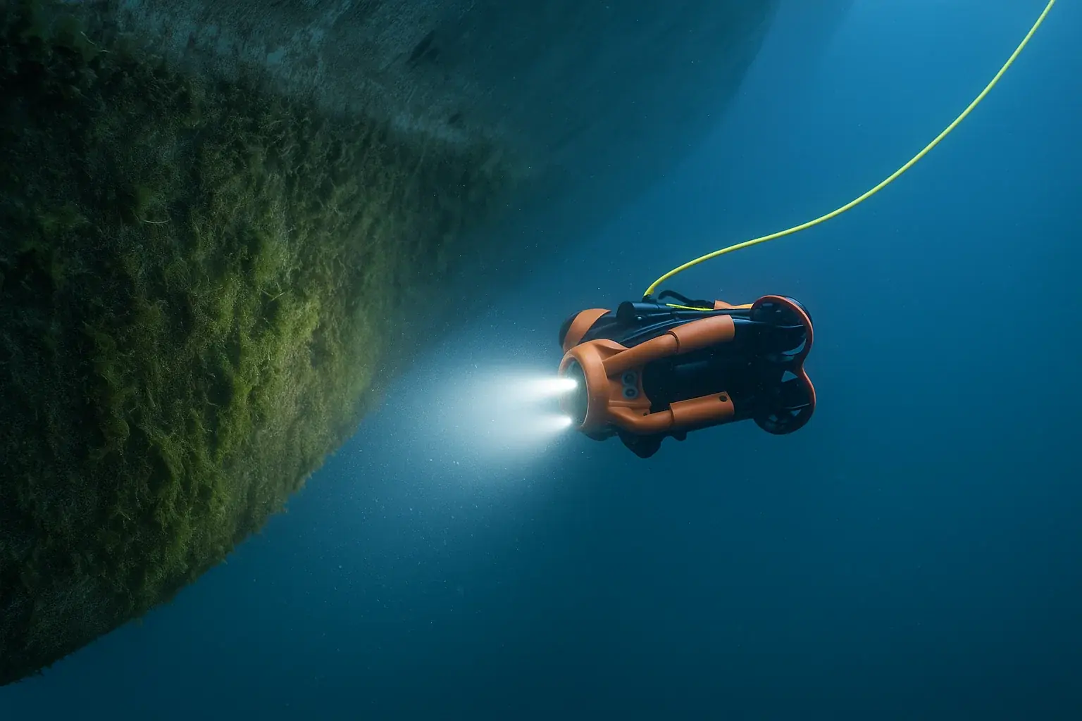 Underwater split-level view of boat hull showing above and below waterline with clear visibility