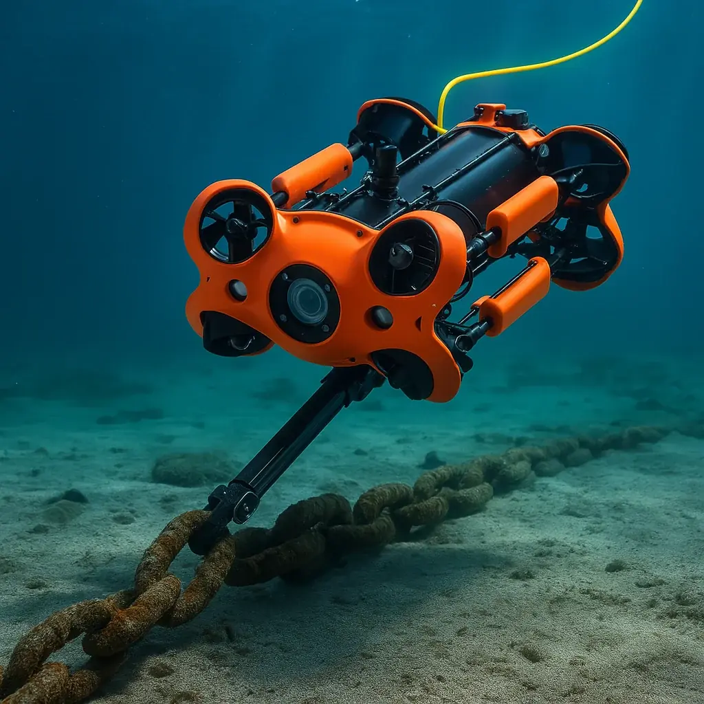 Underwater drone with robotic claw retrieving lost object from seabed